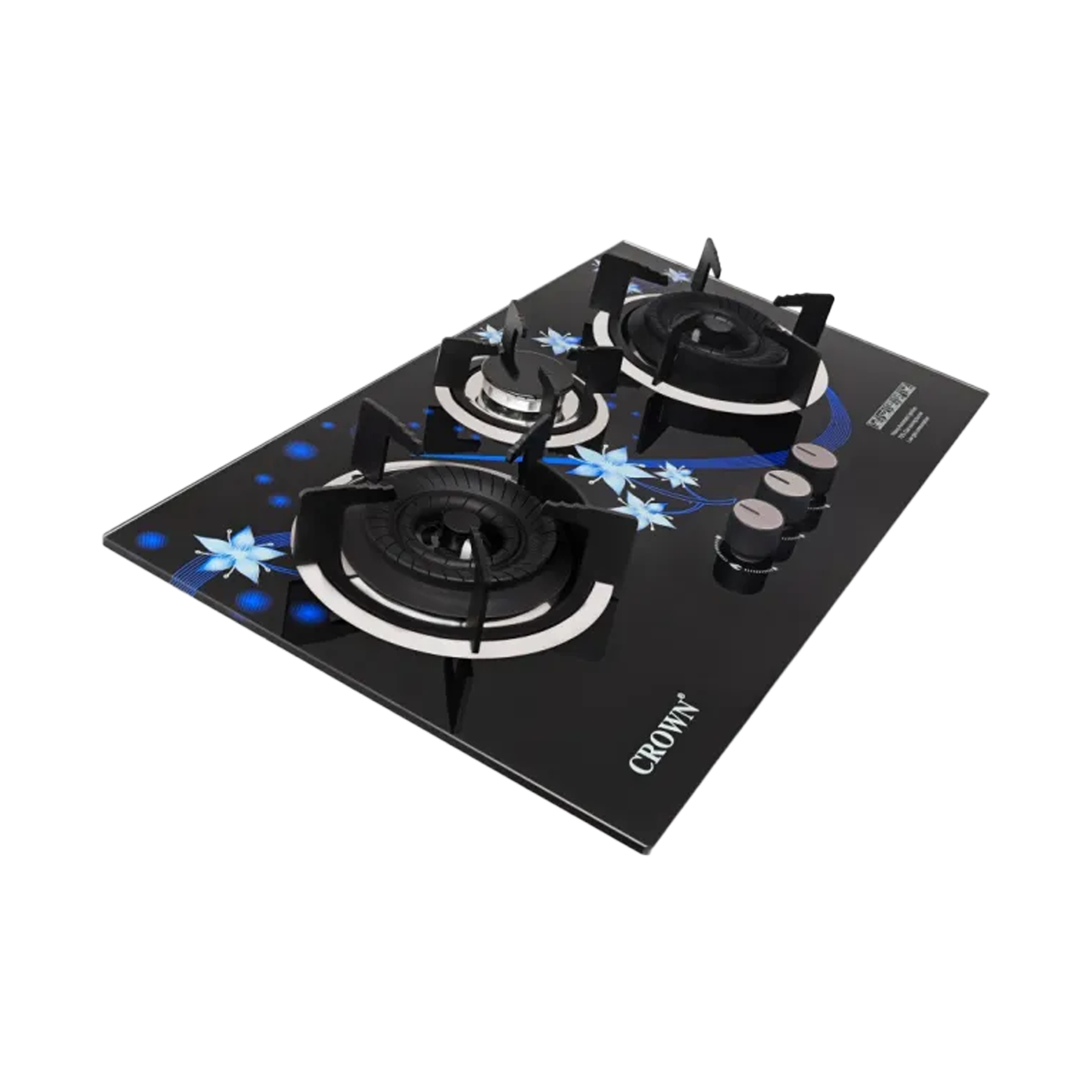 Crown CR-24G Built-In Gas Hob – 3 Burner 3D Glass Cooktop with Copper Valve (Long Nozzle), Multi-Colour Stylish Design & Brand Warranty ✅