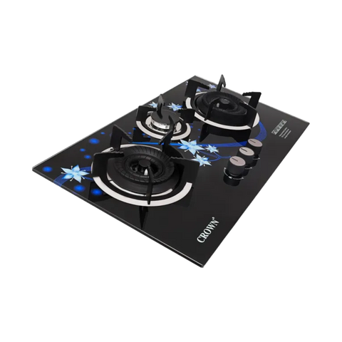 Crown CR-24G Built-In Gas Hob – 3 Burner 3D Glass Cooktop with Copper Valve (Long Nozzle), Multi-Colour Stylish Design & Brand Warranty ✅
