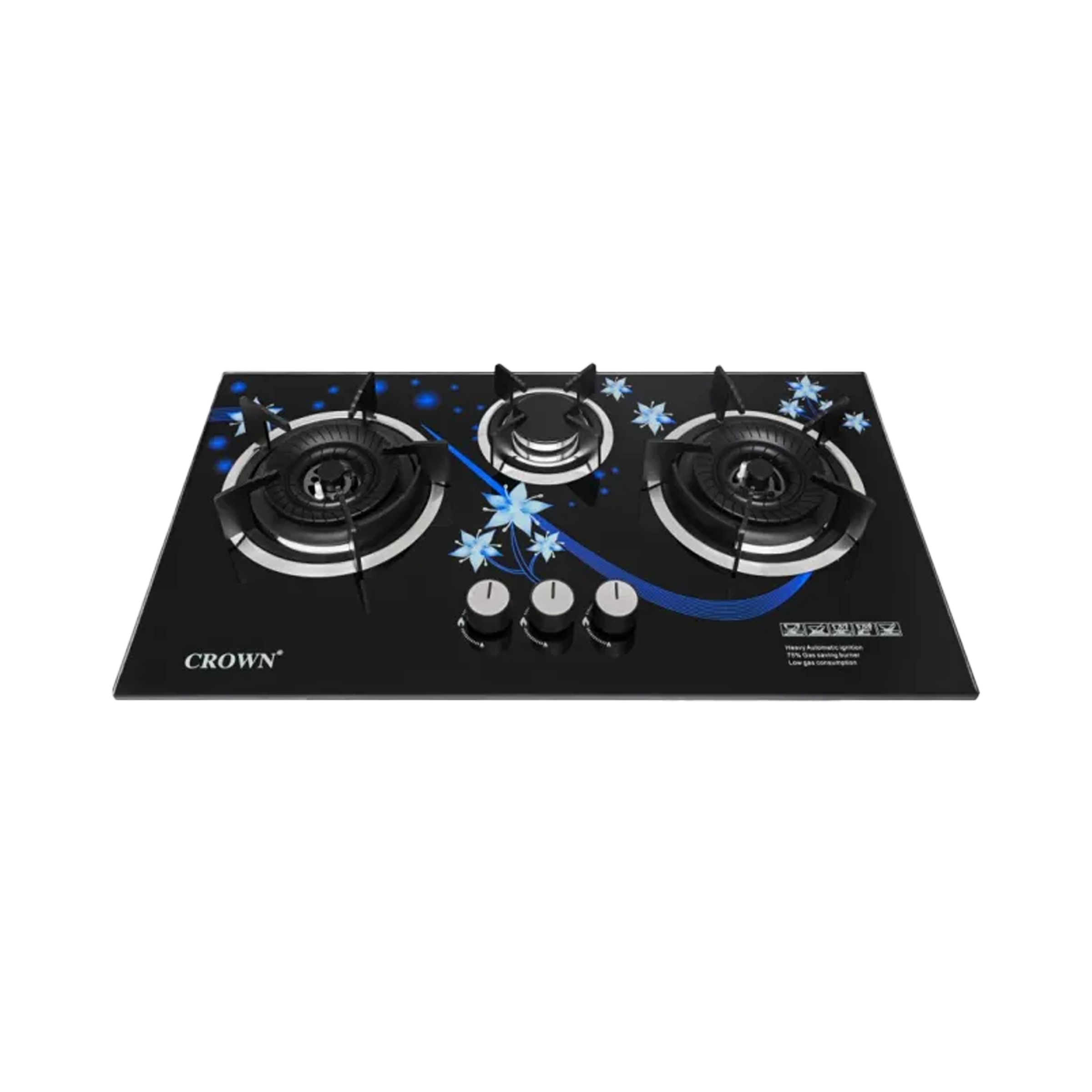 Crown CR-24G Built-In Gas Hob – 3 Burner 3D Glass Cooktop with Copper Valve (Long Nozzle), Multi-Colour Stylish Design & Brand Warranty ✅