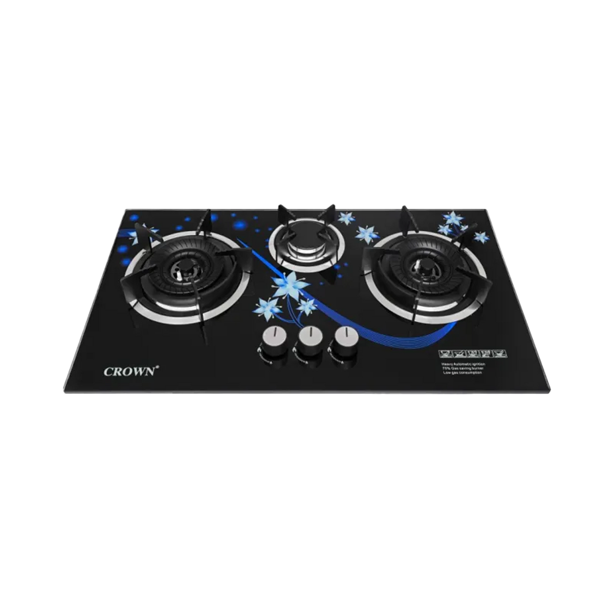 Crown CR-24G Built-In Gas Hob – 3 Burner 3D Glass Cooktop with Copper Valve (Long Nozzle), Multi-Colour Stylish Design & Brand Warranty ✅