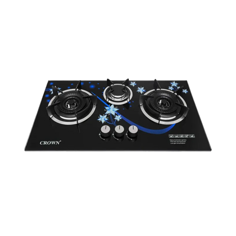 Crown CR-24G Built-In Gas Hob – 3 Burner 3D Glass Cooktop with Copper Valve (Long Nozzle), Multi-Colour Stylish Design & Brand Warranty ✅