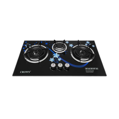 Crown CR-24G Built-In Gas Hob – 3 Burner 3D Glass Cooktop with Copper Valve (Long Nozzle), Multi-Colour Stylish Design & Brand Warranty ✅