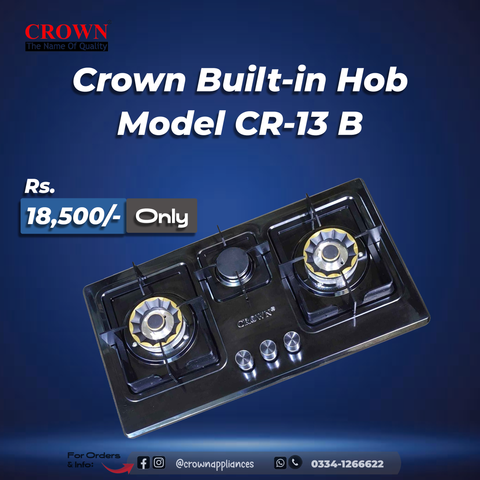 Crown CR-13B Built-In Hob – 3 Burner Gas Stove with Copper Valve, Long Nozzle, Iron Grill & Stainless Steel Top | 1 Year Brand Warranty