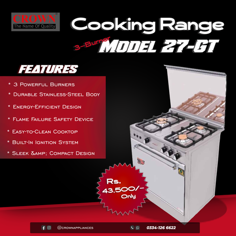 Crown 27-GT Cooking Range – 3 Burner Gas Stove with Oven & Grill for Compact Family Kitchens