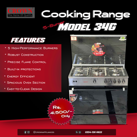Crown 34G Cooking Range – 5 Burner Gas Stove with Oven & Grill for Family Cooking
