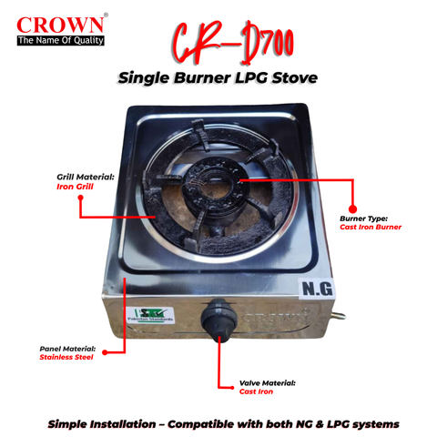 Crown CR-D700 Tabletop LPG Stove – Single Burner Portable Gas Cooktop with Stainless Steel Body & Brand Warranty ✅