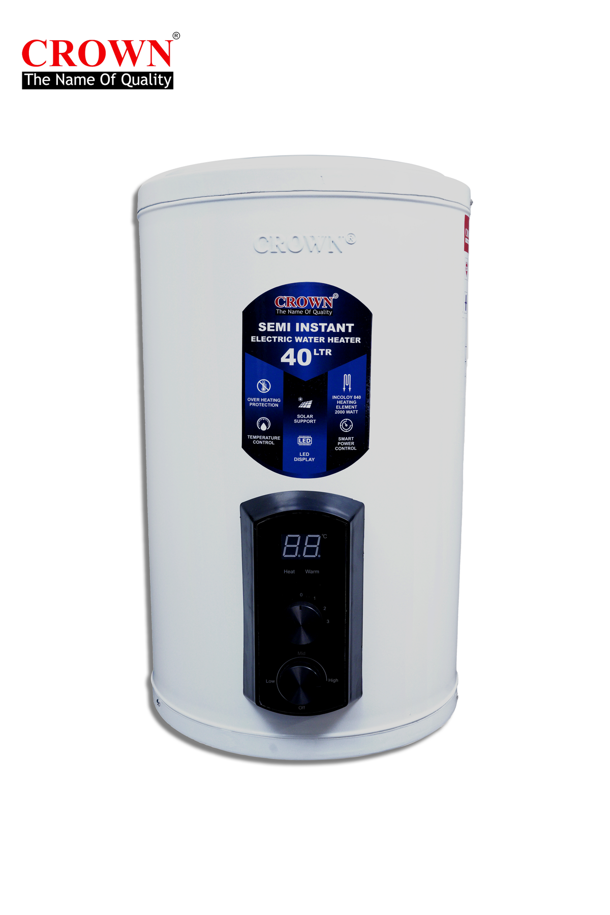 Crown EG-12G 40L Electric Geyser | Solar-Supported Water Heater with Digital Control Panel, Imported Heating Element & Durable ABS Body