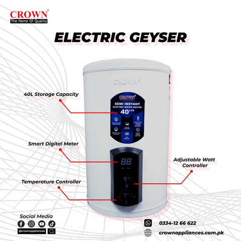 Crown EG-12G 40L Electric Geyser | Solar-Supported Water Heater with Digital Control Panel, Imported Heating Element & Durable ABS Body