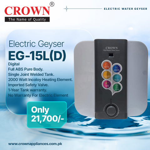 Crown EG-15L(D) Electric Geyser – 15 Litre Digital Water Heater with Imported Italian Element & Full ABS Body