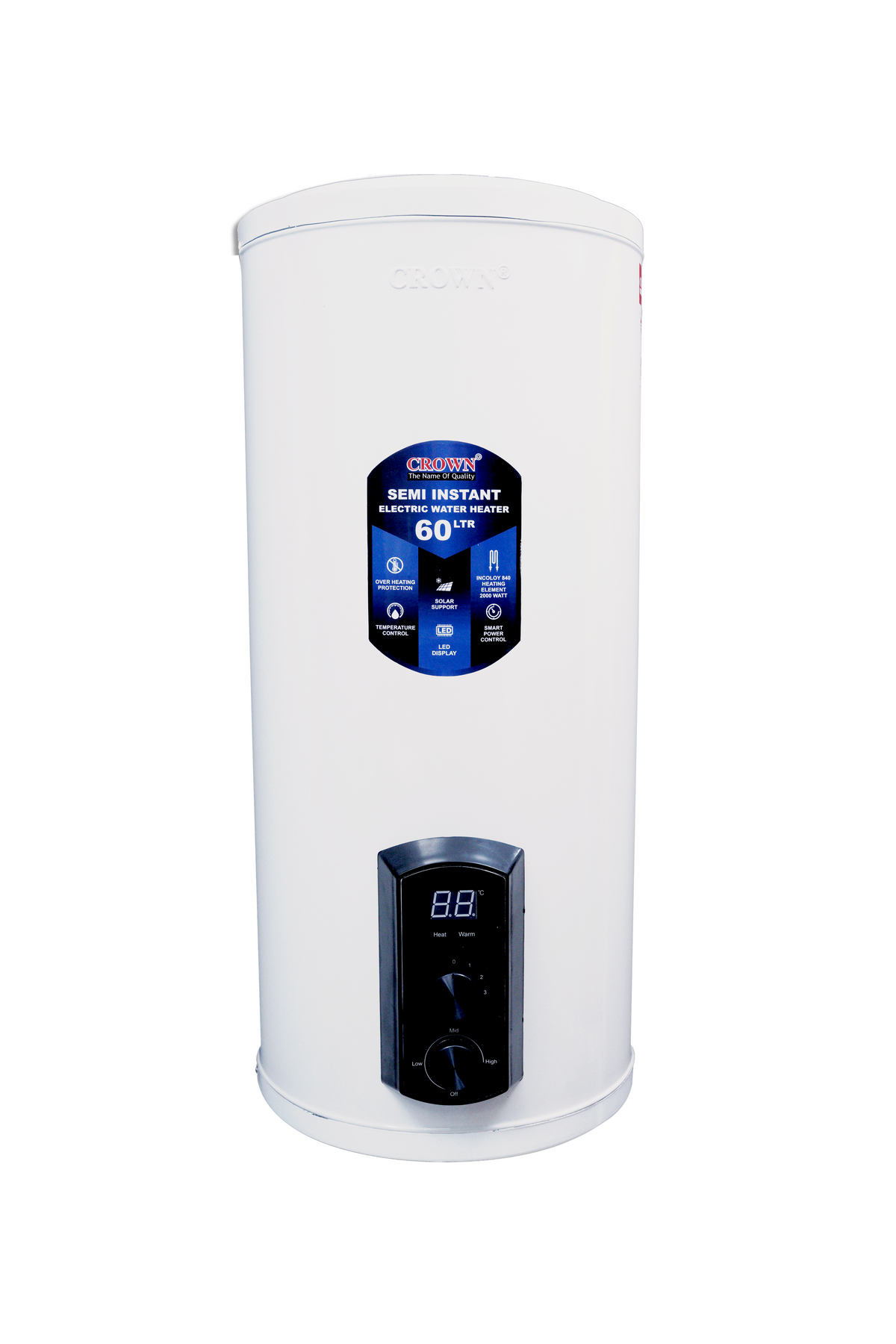 Crown EG-16G 60L Electric Geyser | Solar-Supported Water Heater with Digital Control Panel, Imported Heating Element & Durable ABS Body