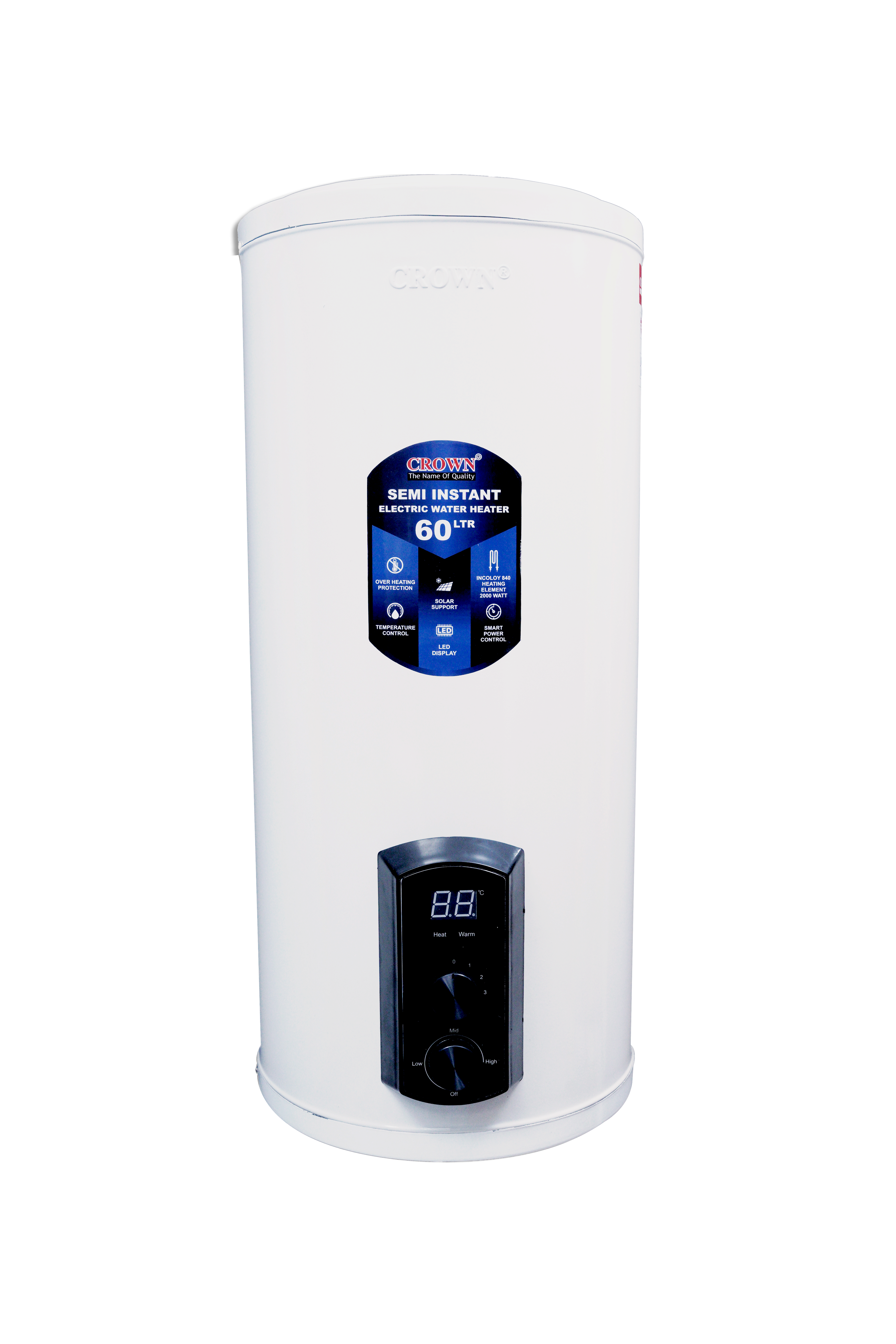 Crown EG-16G 60L Electric Geyser | Solar-Supported Water Heater with Digital Control Panel, Imported Heating Element & Durable ABS Body