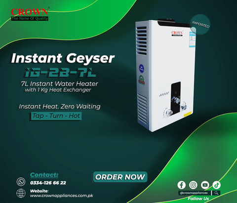Crown Instant Geyser IG-2B-7L – 7 Litre Imported Water Heater with Digital Display, 1kg Heat Exchanger & 1-Year Brand Warranty ✅ - Crown Appliances