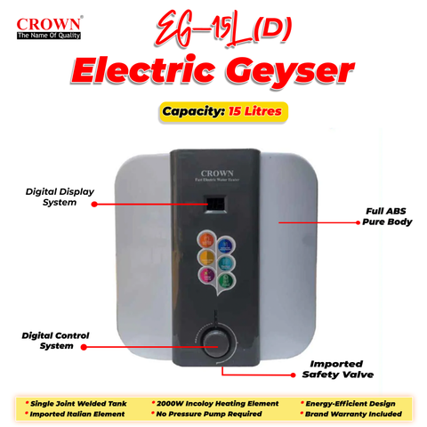 Crown EG-15L(D) Electric Geyser – 15 Litre Digital Water Heater with Imported Italian Element & Full ABS Body