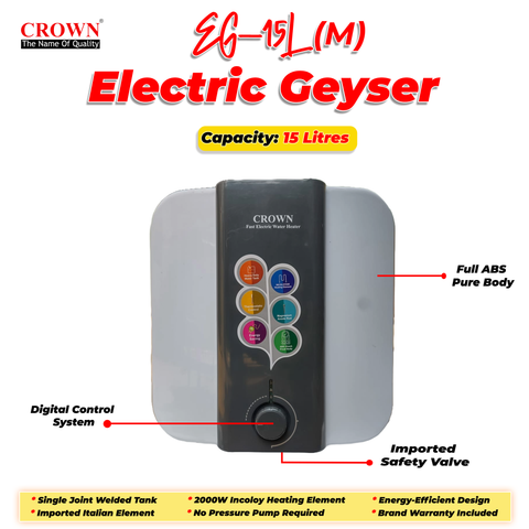 Crown EG-15L(M) Electric Geyser – 15 Litre Water Heater with Imported Italian Heating Element, Full ABS Body & 1-Year Brand Warranty