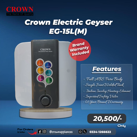 Crown EG-15L(M) Electric Geyser – 15 Litre Water Heater with Imported Italian Heating Element, Full ABS Body & 1-Year Brand Warranty