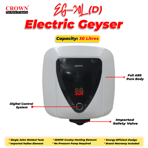 Crown EG-30L(D) Electric Geyser – 30 Litre Water Heater Featuring an Imported Italian Element & Pure ABS Body