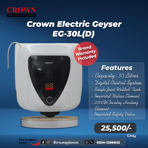 Crown EG-30L(D) Electric Geyser – 30 Litre Water Heater Featuring an Imported Italian Element & Pure ABS Body