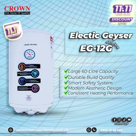 Crown EG-12G Electric Geyser – 40 Litre Water Heater with Imported Heating Element & ABS Body
