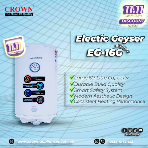 Crown EG-16G Electric Geyser – 60 Litre Water Heater with Imported Heating Element & Durable ABS Body