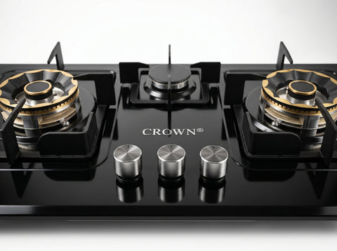 Crown CR-13B Built-In Hob – 3 Burner Gas Stove with Copper Valve, Long Nozzle, Iron Grill & Stainless Steel Top | 1 Year Brand Warranty