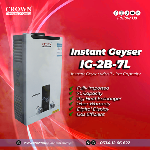 Crown Instant Geyser IG-2B-7L – 7 Litre Imported Water Heater with Digital Display, 1kg Heat Exchanger & 1-Year Brand Warranty ✅