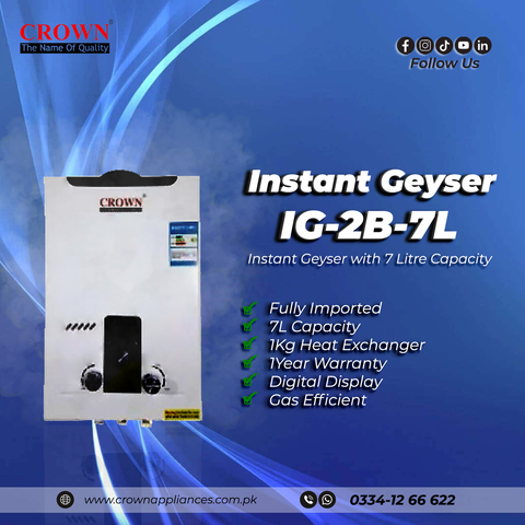 Crown Instant Geyser IG-2B-7L – 7 Litre Imported Water Heater with Digital Display, 1kg Heat Exchanger & 1-Year Brand Warranty ✅