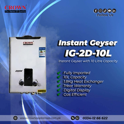 Crown Instant Geyser IG-2D-10L – 10 Litre Imported Water Heater with Digital Display, 1.8kg Heat Exchanger & 1-Year Brand Warranty ✅