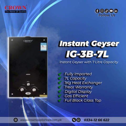 Crown Instant Geyser IG-3B-7L – 7 Litre Imported Water Heater with Digital Display, Full Black Glass Top, 1kg Heat Exchanger & 1-Year Brand Warranty ✅