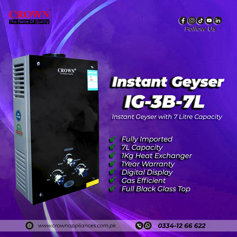 Crown Instant Geyser IG-3B-7L – 7 Litre Imported Water Heater with Digital Display, Full Black Glass Top, 1kg Heat Exchanger & 1-Year Brand Warranty ✅