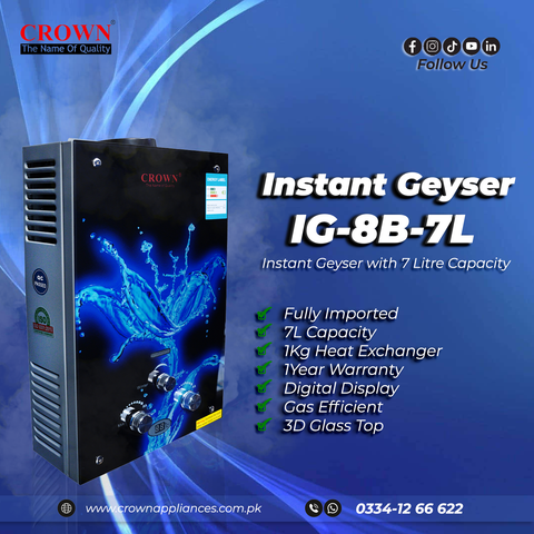 Crown Instant Geyser IG-8B-7L – 7 Litre Imported Water Heater with Digital Display, 3D Glass Top, 1kg Heat Exchanger & 1-Year Brand Warranty ✅