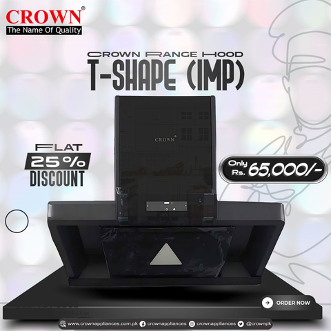 Crown T-Shape Blacky Range Hood (IMP) – 90cm Black Glass Chimney Hood with Powerful Suction & LED Lights