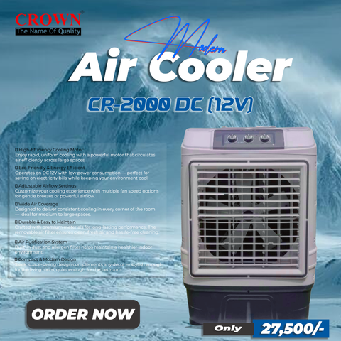 Crown Room Cooler CR-2000 – Powerful DC 12V Air Cooler with High Airflow, Energy Efficient Motor & 1-Year Brand Warranty ✅