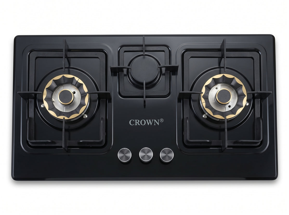 Crown CR-13B Built-In Hob – 3 Burner Gas Stove with Copper Valve, Long Nozzle, Iron Grill & Stainless Steel Top | 1 Year Brand Warranty
