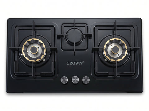 Crown CR-13B Built-In Hob – 3 Burner Gas Stove with Copper Valve, Long Nozzle, Iron Grill & Stainless Steel Top | 1 Year Brand Warranty