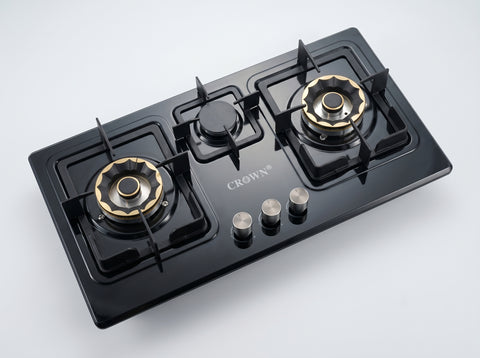 Crown CR-13B Built-In Hob – 3 Burner Gas Stove with Copper Valve, Long Nozzle, Iron Grill & Stainless Steel Top | 1 Year Brand Warranty