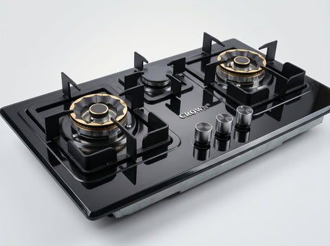 Crown CR-13B Built-In Hob – 3 Burner Gas Stove with Copper Valve, Long Nozzle, Iron Grill & Stainless Steel Top | 1 Year Brand Warranty