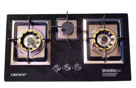 Crown CR-16G Built-In Gas Hob – 3 Burner Tempered Glass Cooktop with Auto Ignition for Modern Kitchens