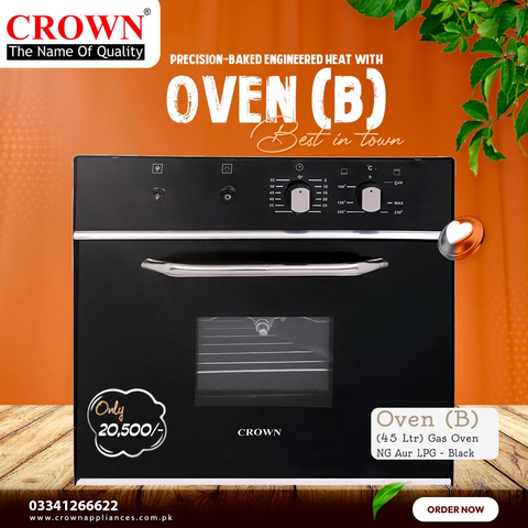 Crown 45L Built-In Gas Oven – Black Kitchen Oven with NG & LPG Compatibility