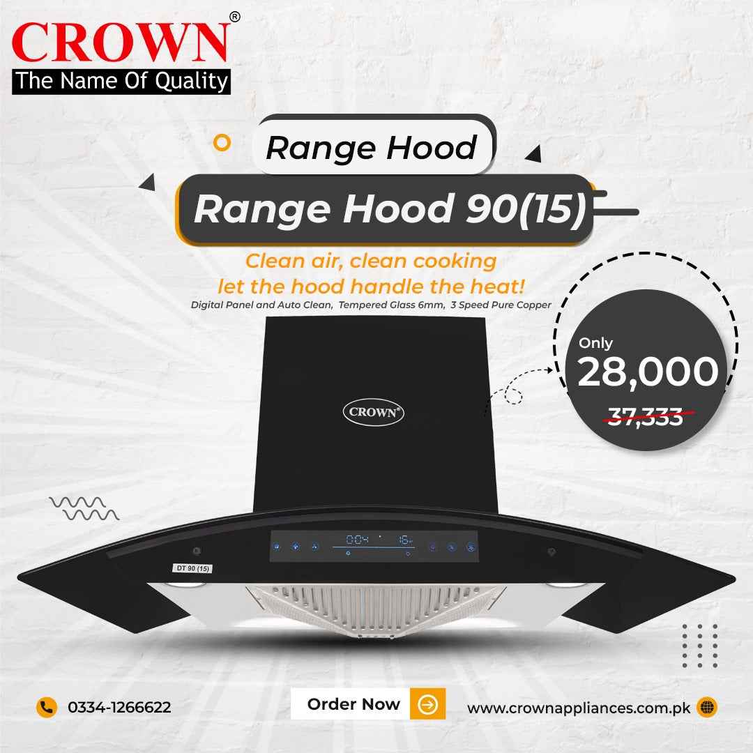Crown 90(15) Kitchen Range Hood – 90cm Stainless Steel Chimney Hood with Powerful Suction & LED Lights