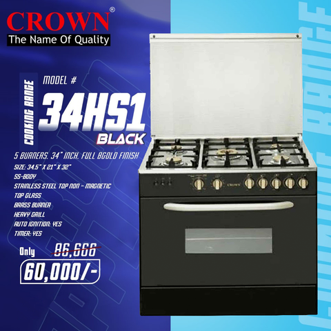 Crown 34-HS1 Black Cooking Range (IMP) – 34-Inch 4 Burner Gas Stove with Built-In Oven & Grill ✅