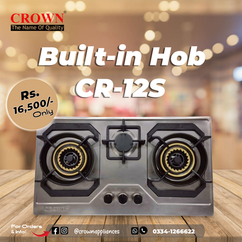 Crown CR-12S Built-In Gas Hob – 2 Burner Stainless Steel Cooktop with Auto Ignition for Compact Kitchens
