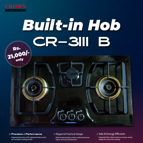 Crown CR-3111B Built-In Gas Hob – 3 Burner Black Tempered Glass Cooktop with Auto Ignition