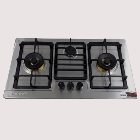 Crown CR-3114 Built-In Gas Hob – 3 Burner Stainless Steel Cooktop with Auto Ignition