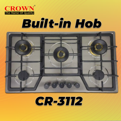 Crown CR-3112 Built-In Gas Hob – 3 Burner Black Stainless Steel Cooktop with Auto Ignition