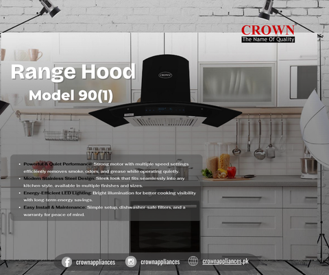 Crown 90(1) Kitchen Range Hood – 90cm Stainless Steel Chimney Hood with High Suction Power & LED Lights