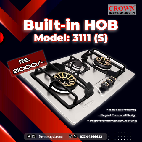 Crown CR-3111S Built-In Gas Hob – 3 Burner Stainless Steel Cooktop with Auto Ignition for Modern Kitchens