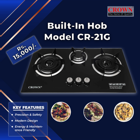 Crown CR-21G Built-In Gas Hob – 2 Burner Tempered Glass Cooktop with Auto Ignition for Modern Kitchens