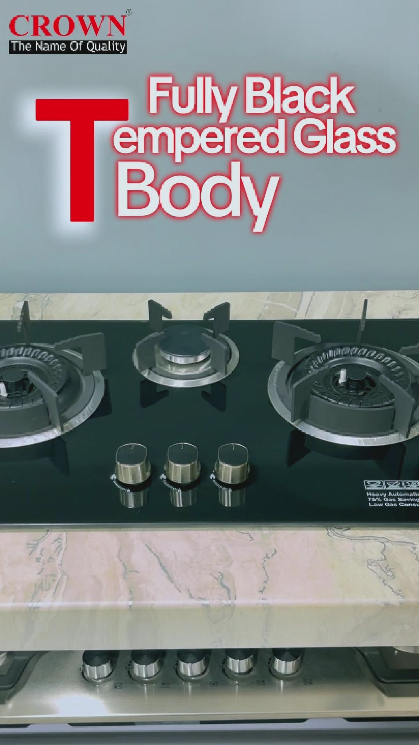Crown CR-21G Built-In Gas Hob – 3 Burner Tempered Glass Cooktop with Auto Ignition for Modern Kitchens