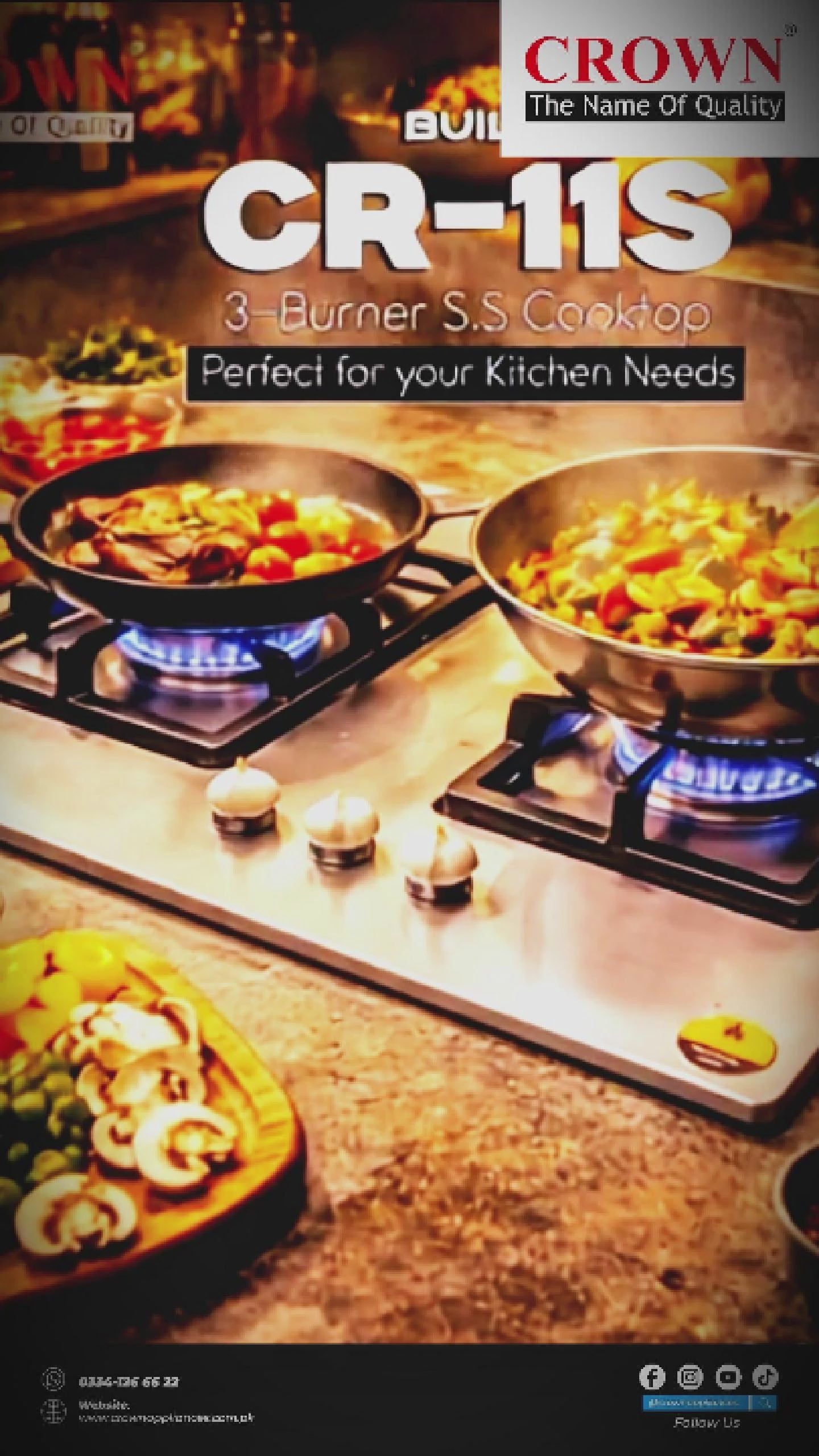 Crown CR-11S Built-In Gas Hob – 2 Burner Stainless Steel Cooktop for Compact Kitchens