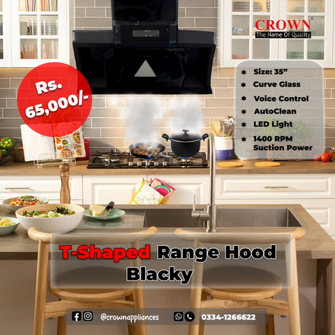 Crown T-Shape Blacky Range Hood (IMP) – 90cm Black Glass Chimney Hood with Powerful Suction & LED Lights